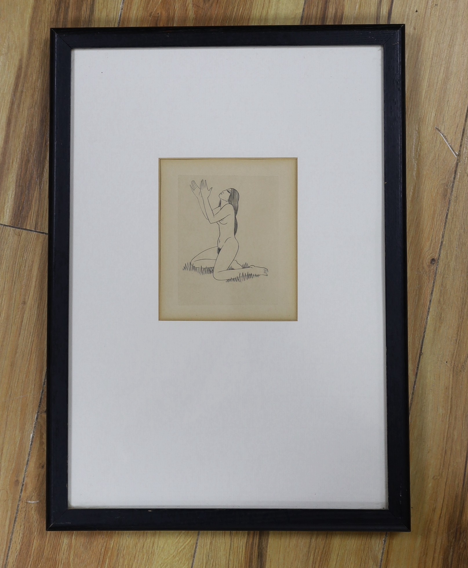 Eric Gill (1882-1940), wood engraving, 'Naked Girl on Grass', see reference - Engravings by Eric Gill, Douglas Cleaverdon, Bristol, 1929 - PL 67, 11 x 8.5cm